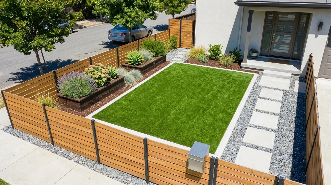 A turf front yard with easy care planting around a mailbox, no people