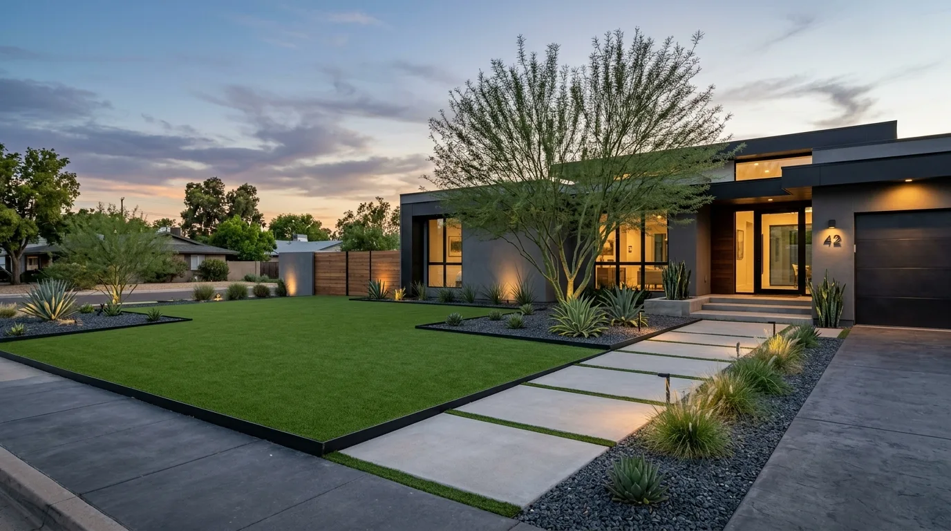 A sloped low maintenance turf front yard with retaining lines, no people