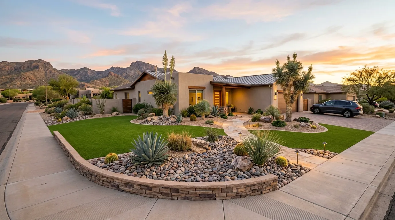 A shaded front yard using turf selectively for easy care, no people