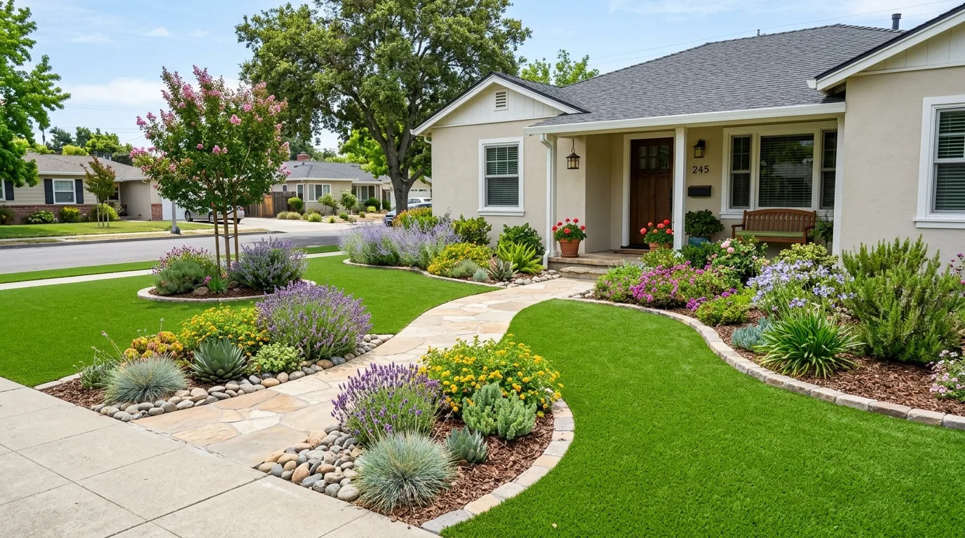 A modern low maintenance turf front yard with gravel and planting, no people
