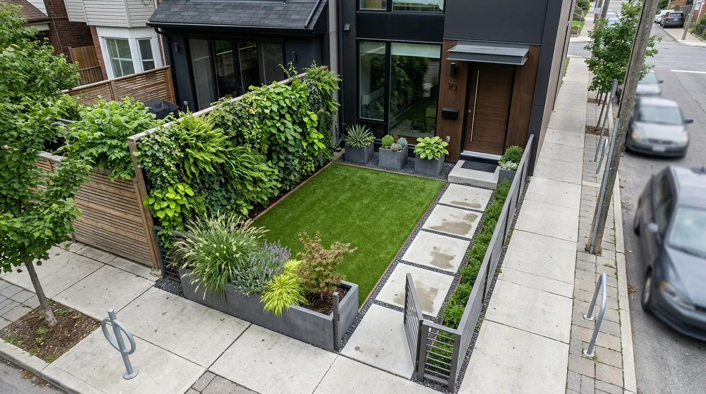 A strategic low maintenance turf front yard with reduced lawn area, no people