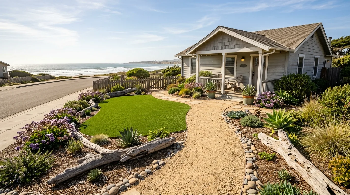 A polished front entry with low maintenance turf landscaping, no people