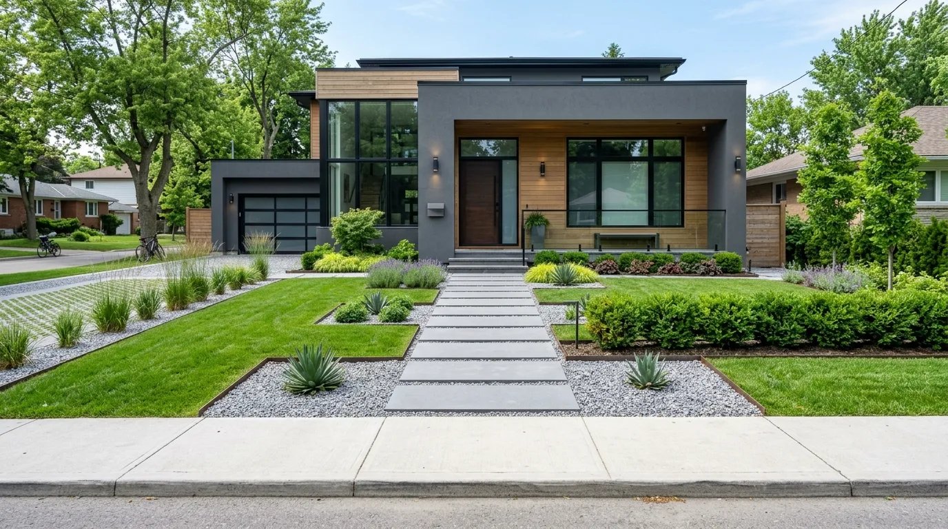 A corner lot with simplified low maintenance turf landscaping, no people