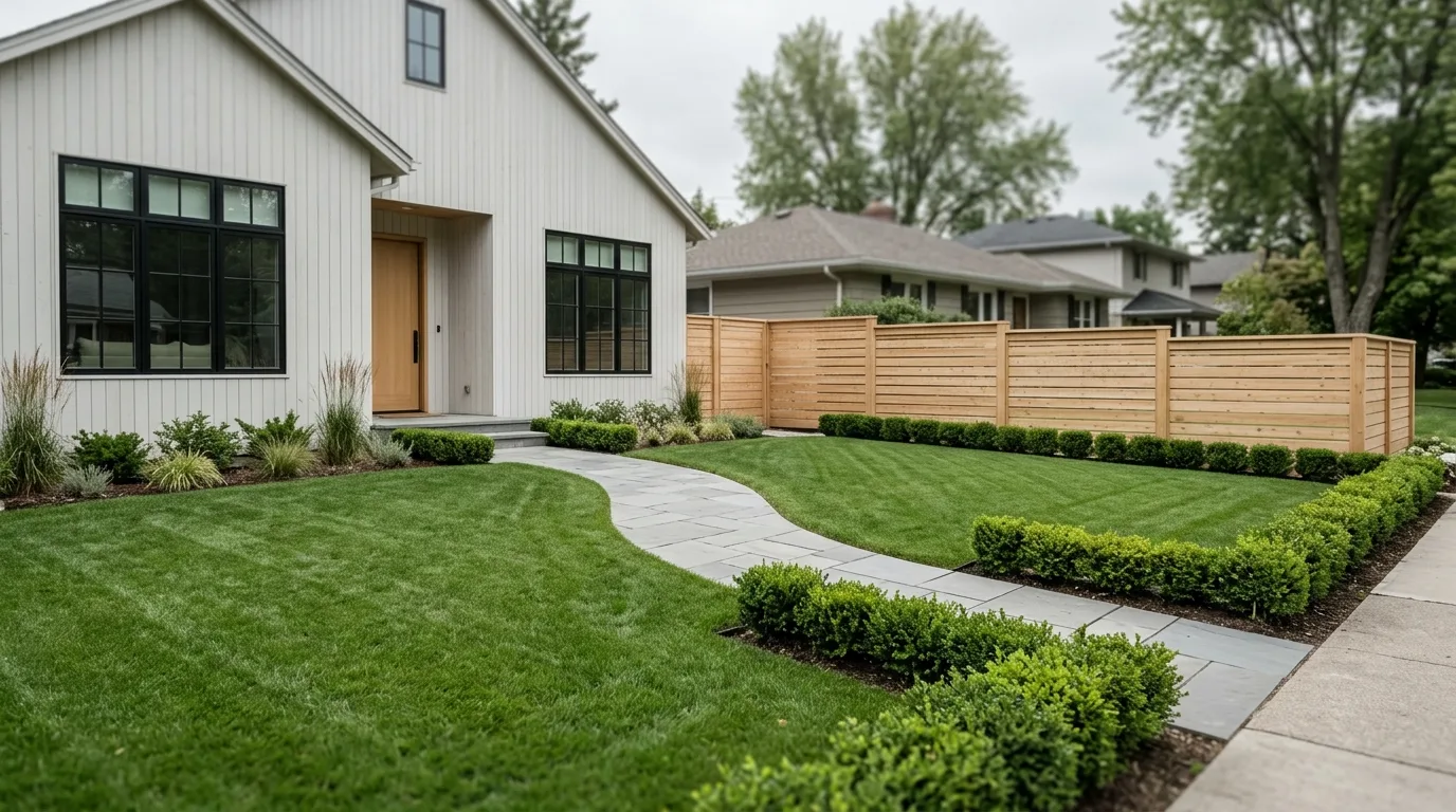 A balanced low maintenance turf front yard for easy care, no people