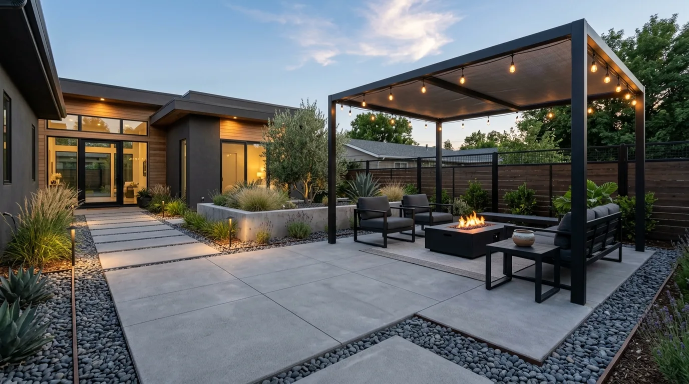 A sleek modern backyard hardscape with concrete patio and wood furniture, no people