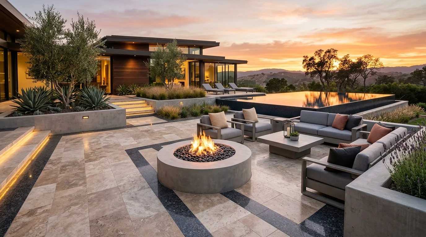 A stepped modern backyard hardscape with architectural terraces, no people