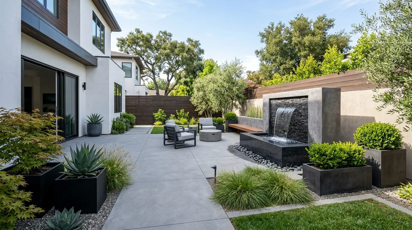A minimalist fire pit court in a modern hardscape backyard, no people