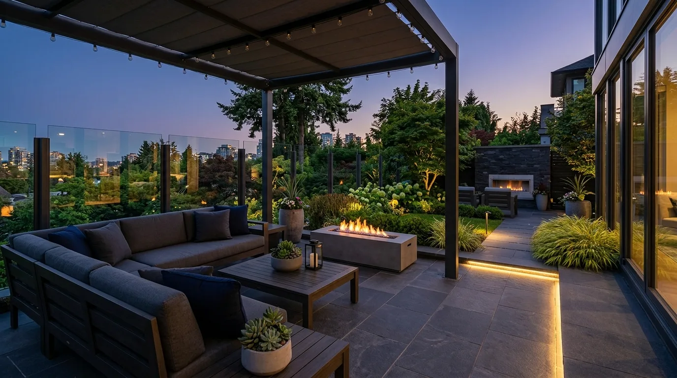 A modern backyard hardscape around a pool with crisp stone, no people