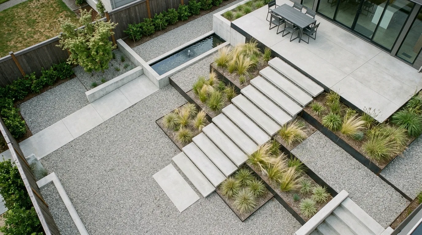 A sleek dining terrace with integrated planters and low walls, no people