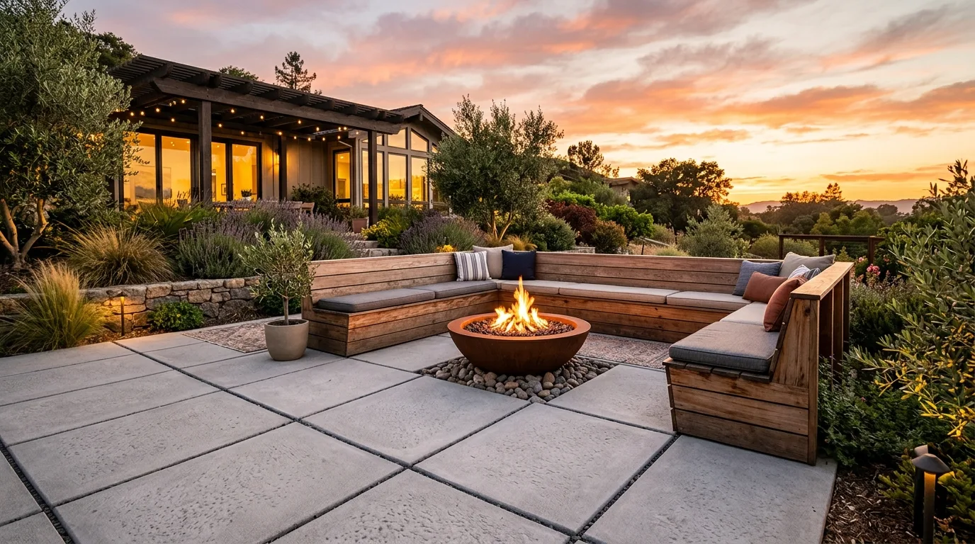 A modern backyard path with slabs and gravel rhythm, no people
