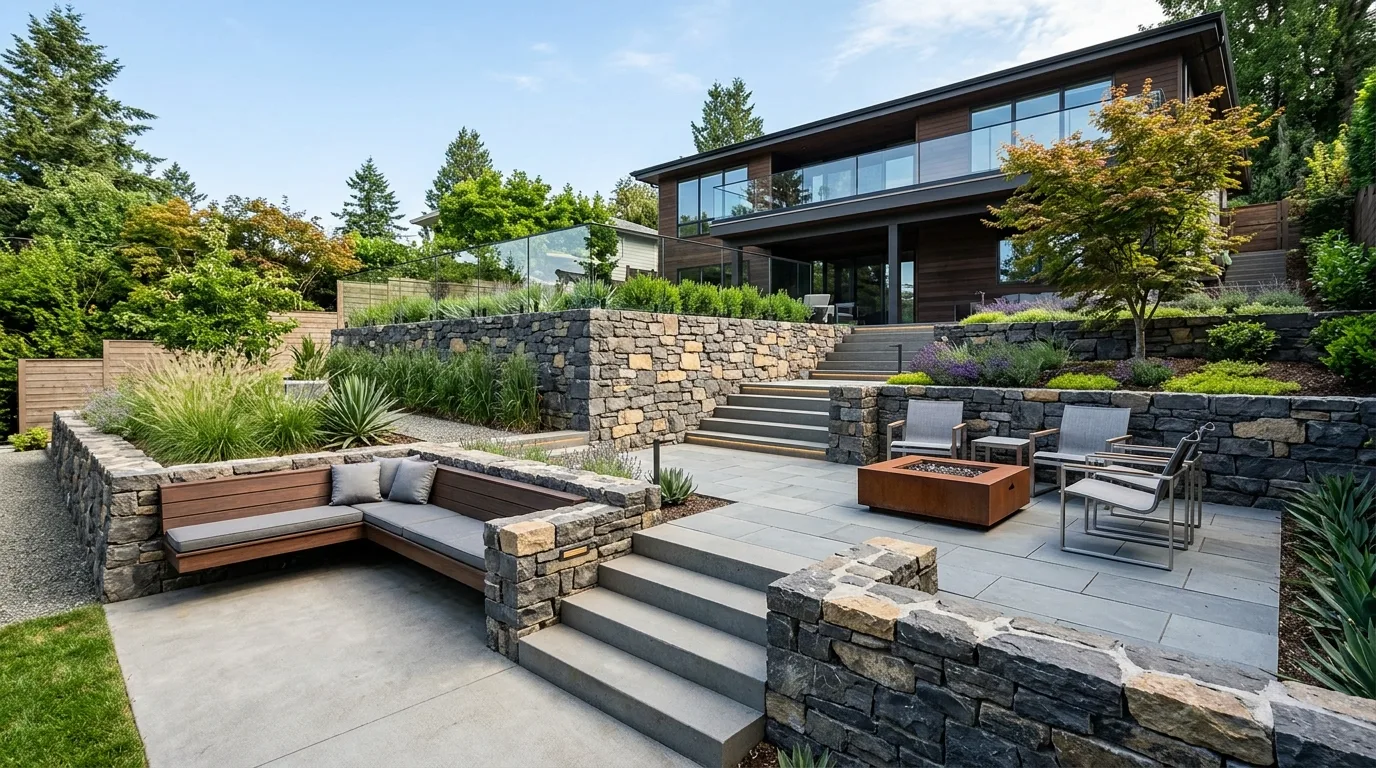 A sleek modern hardscape side yard designed like a gallery passage, no people
