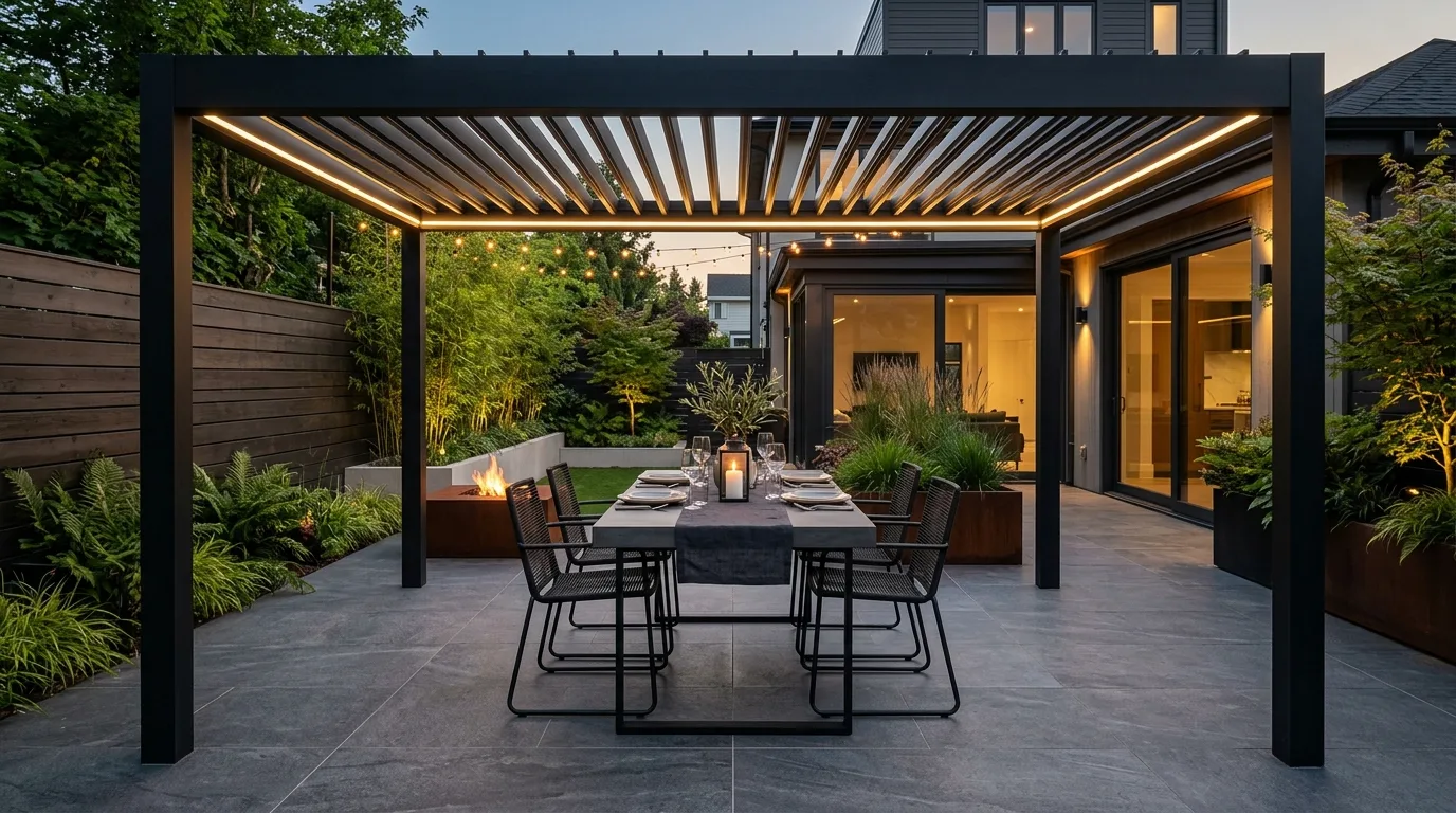 A modern backyard hardscape with floating bench detail, no people
