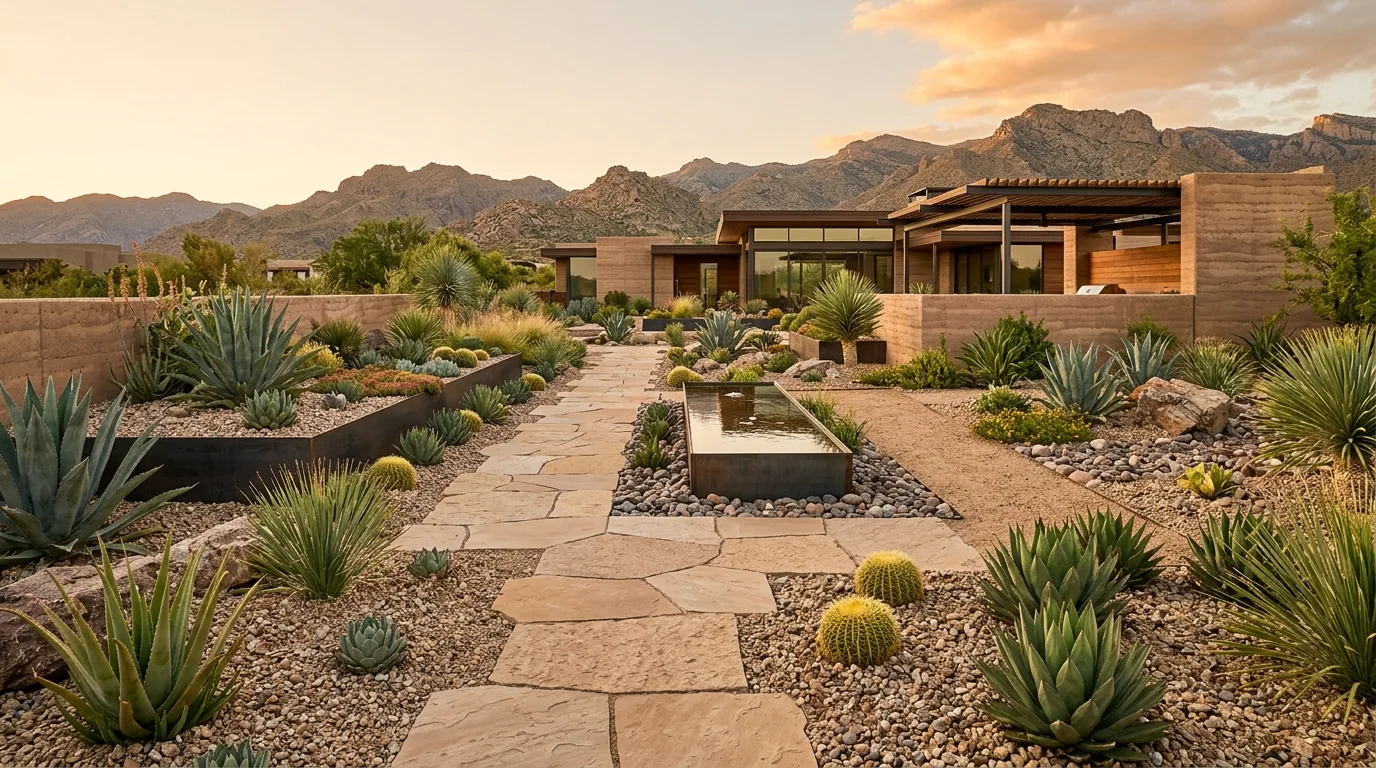 A dramatic modern backyard hardscape in black and stone, no people
