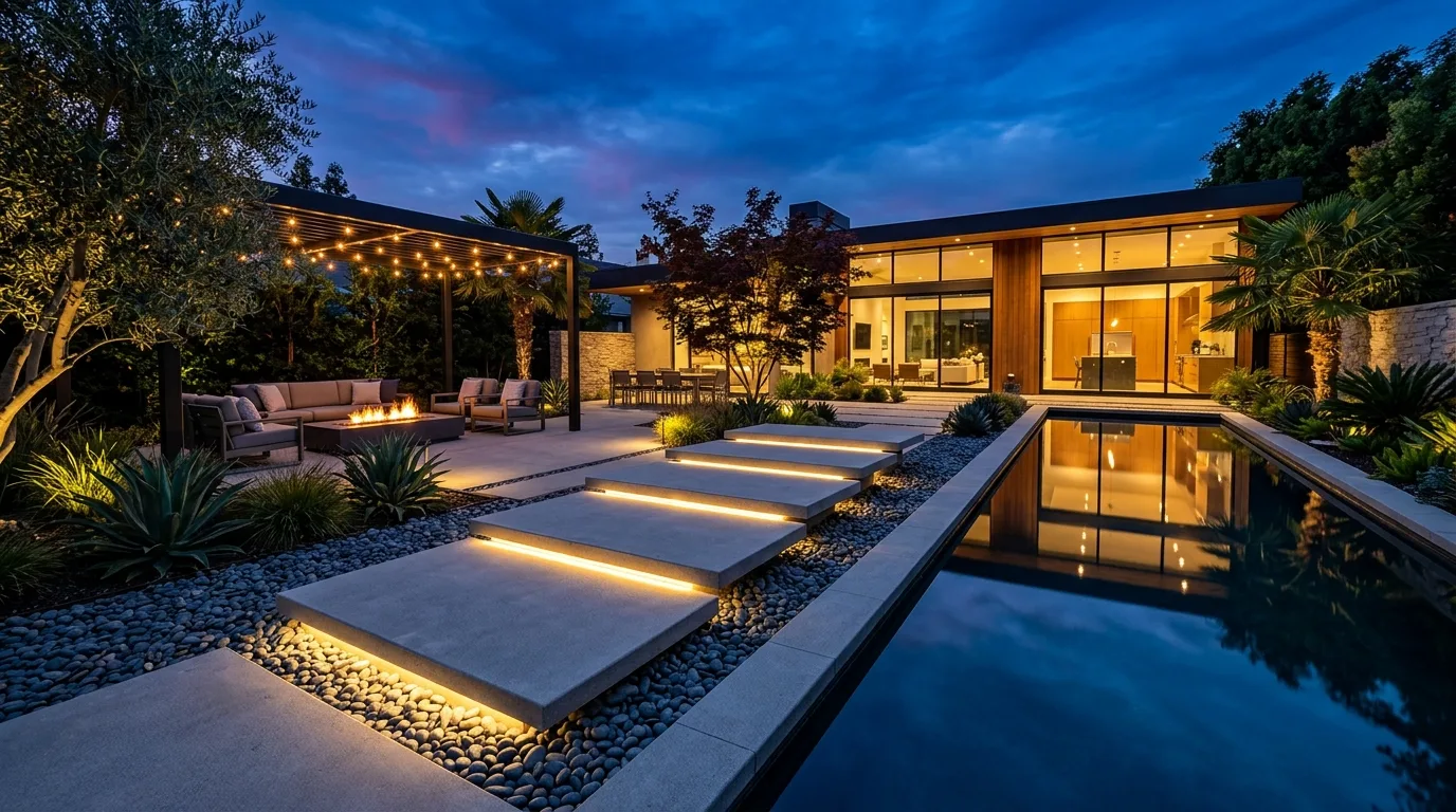 A modern hardscape patio with pergola and clean planting, no people