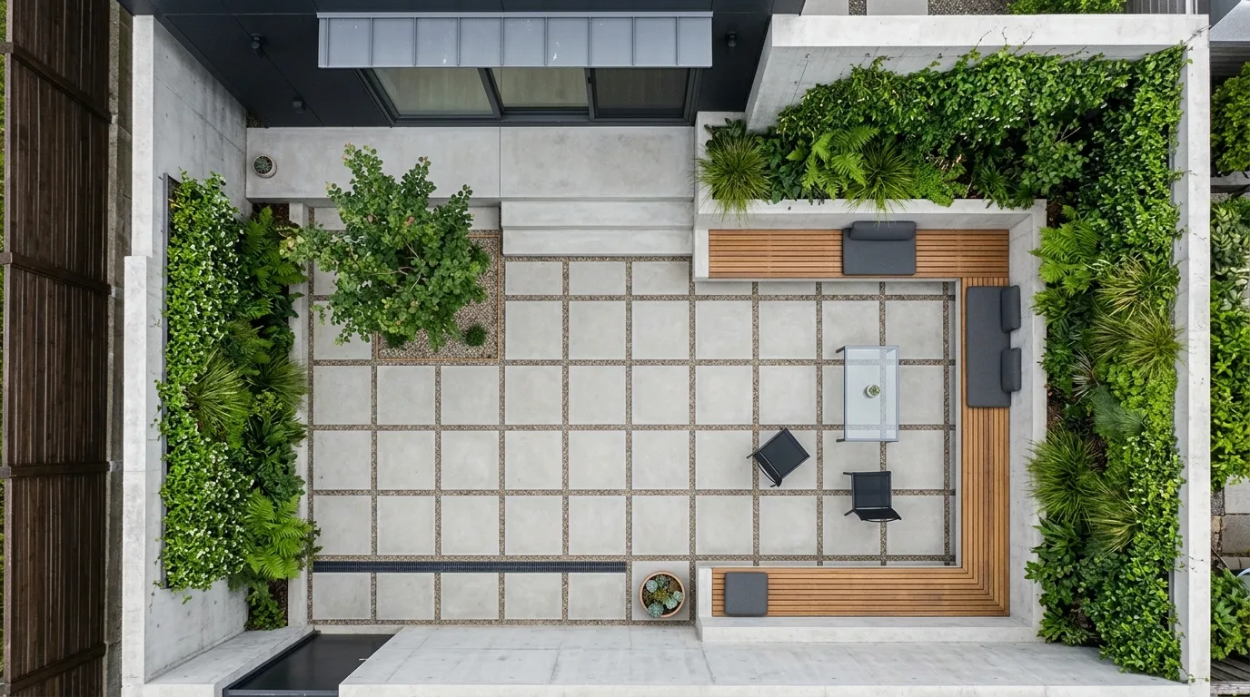 A sleek lounge zone with built in seating in a modern backyard, no people