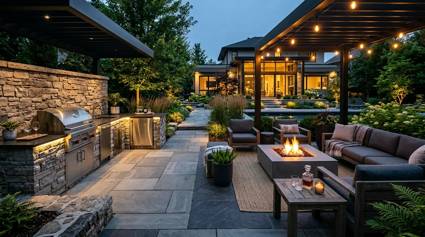 A modern backyard hardscape with a rectangular inset lawn, no people