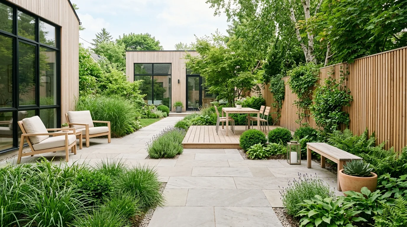A sleek modern backyard hardscape with a water feature wall, no people