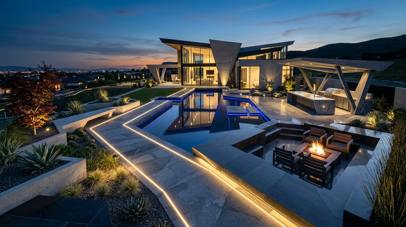 A refined modern backyard hardscape with intentional planting, no people