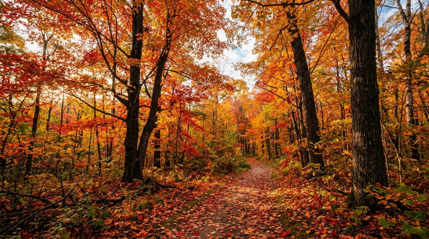A beautiful landscape with a focal maple tree in fall color, no people