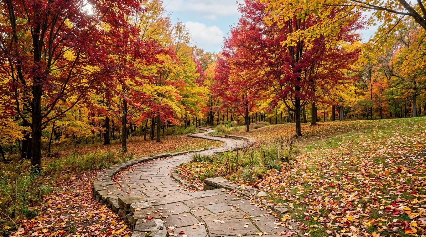 A patio beneath colorful maple trees in a fall landscape, no people