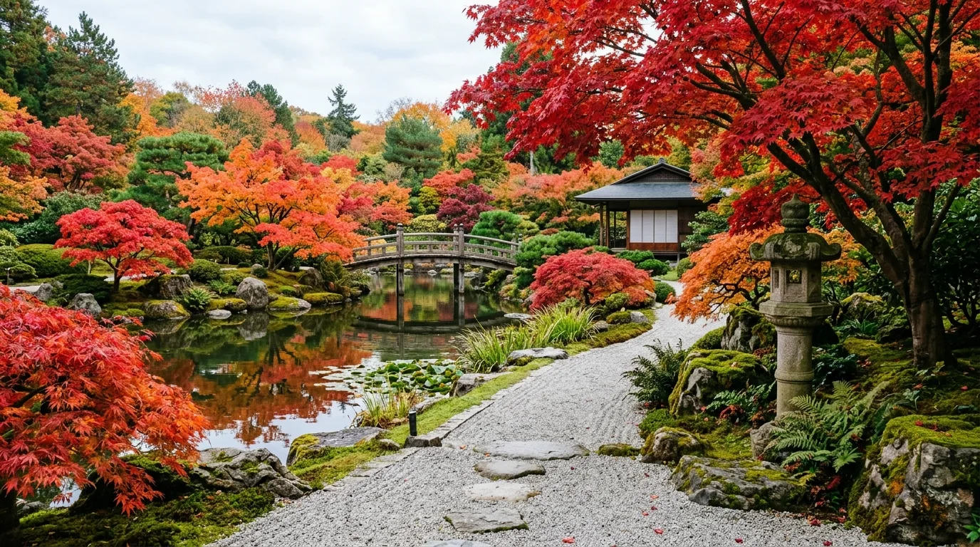A woodland edge landscape brightened by maple trees in autumn, no people