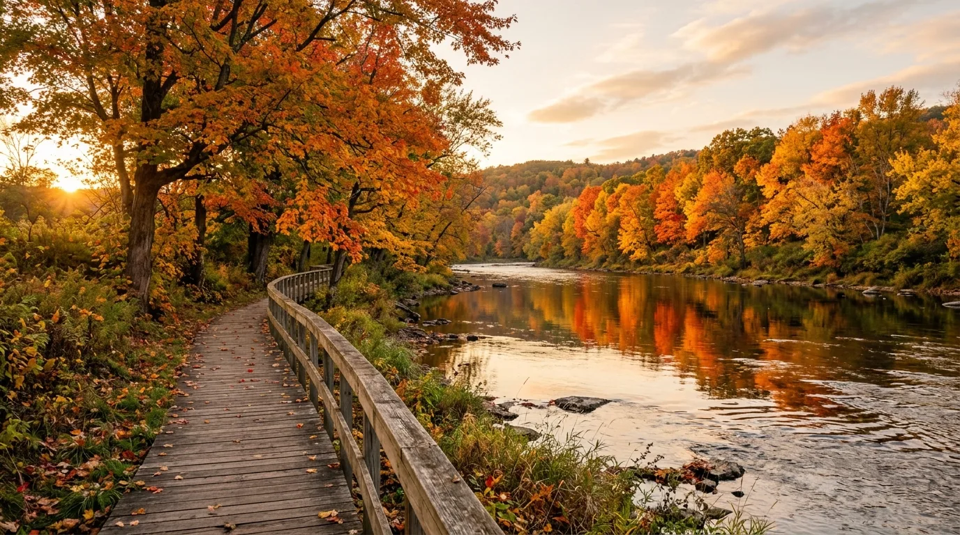 A hillside landscape organized by maple trees in fall color, no people
