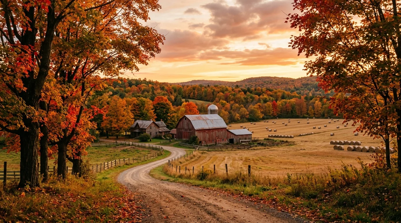 A broad backyard lawn framed by maple trees in autumn, no people