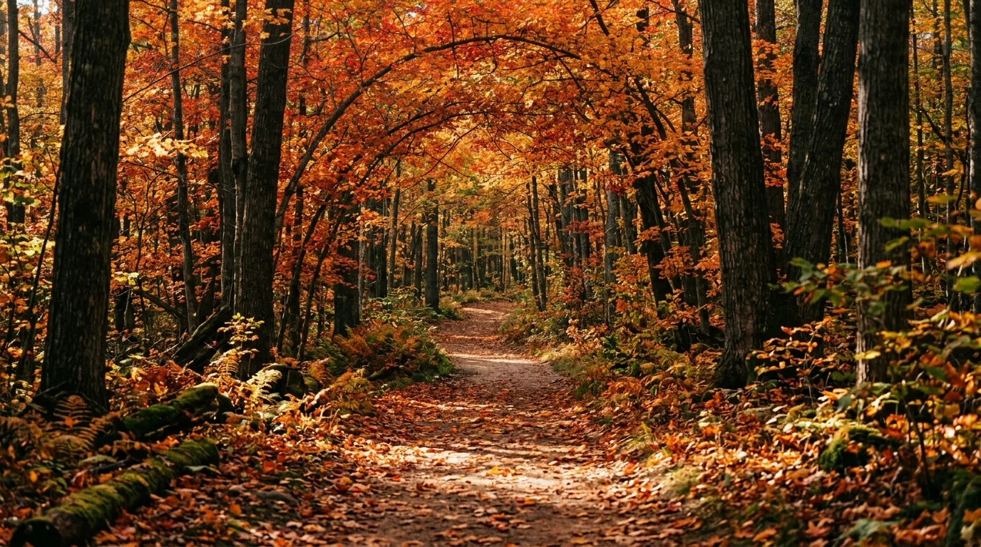 A house entry lined with maple trees in fall, no people
