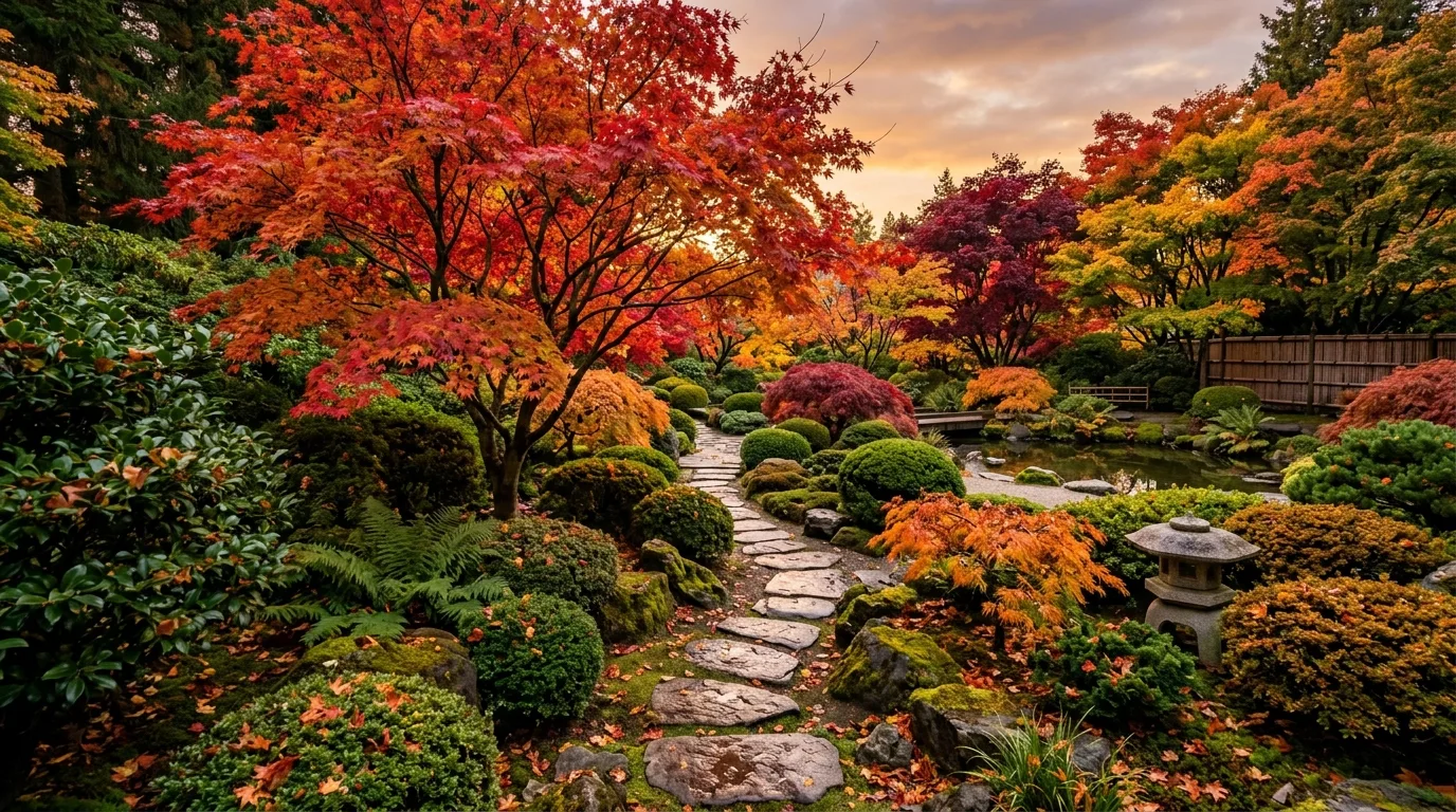 A layered fall landscape centered on maple trees, no people