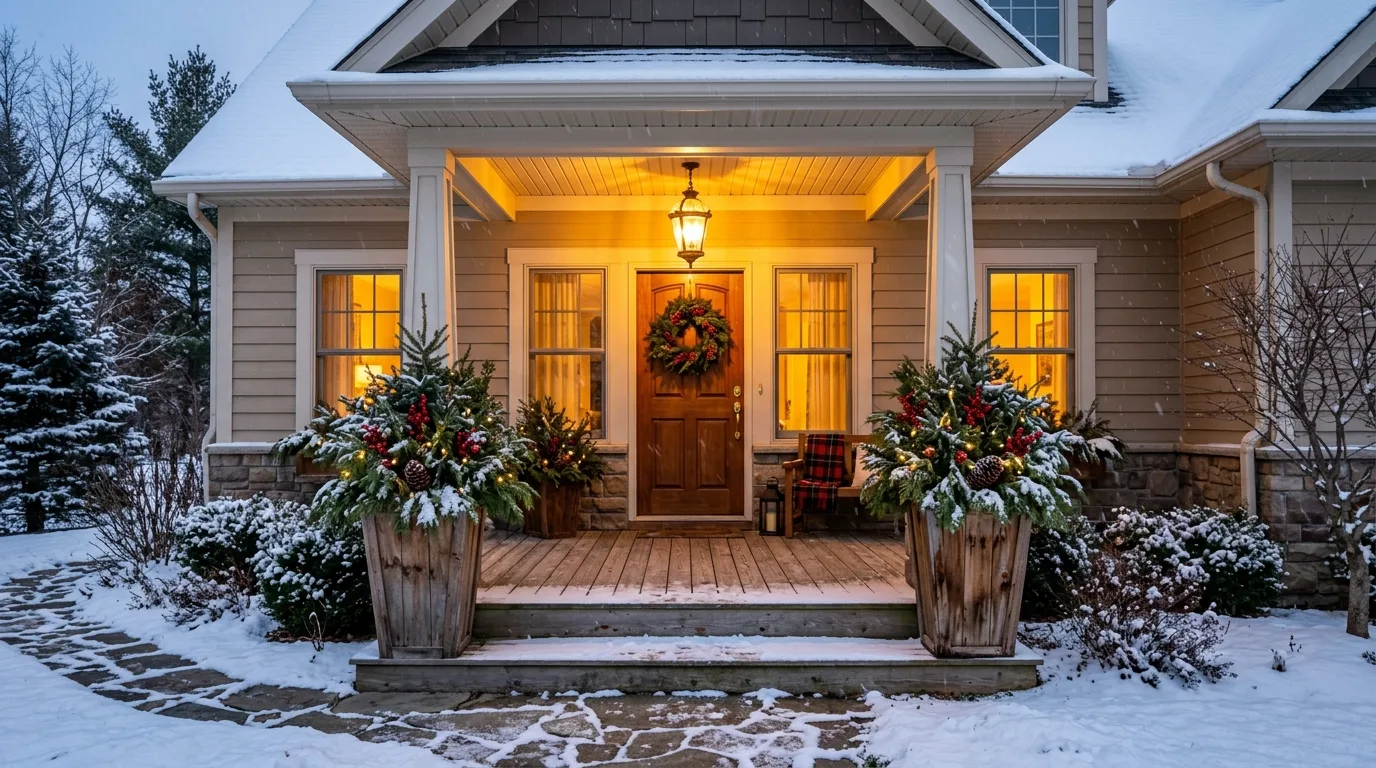 A welcoming front porch with winter evergreen planters, no people
