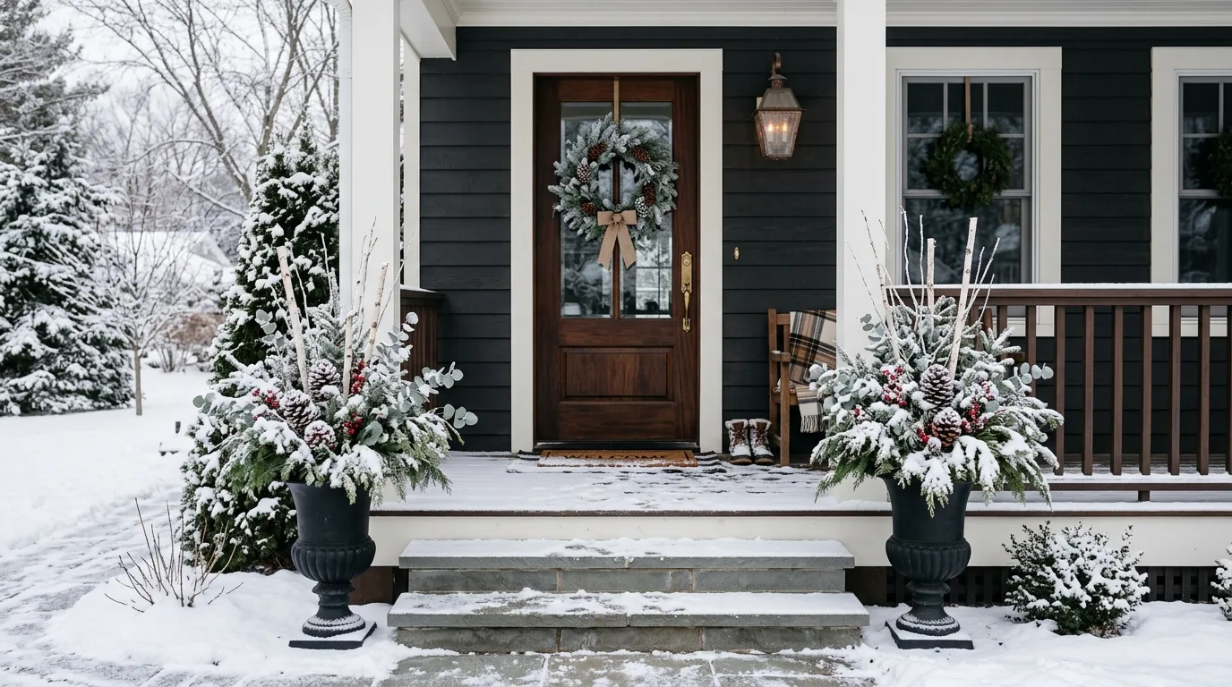 A front porch with winter planters and lantern glow, no people