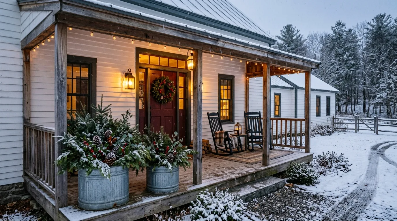 A rustic front porch winter planter in a crate with pine and berries, no people