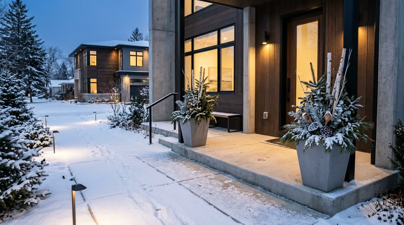 A narrow front porch with slim winter planters, no people