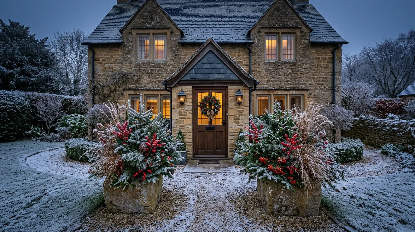 A farmhouse front porch with galvanized winter planters, no people