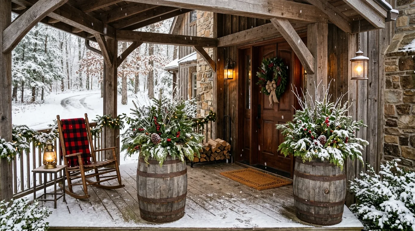 A minimalist front porch with black winter planters and greenery, no people