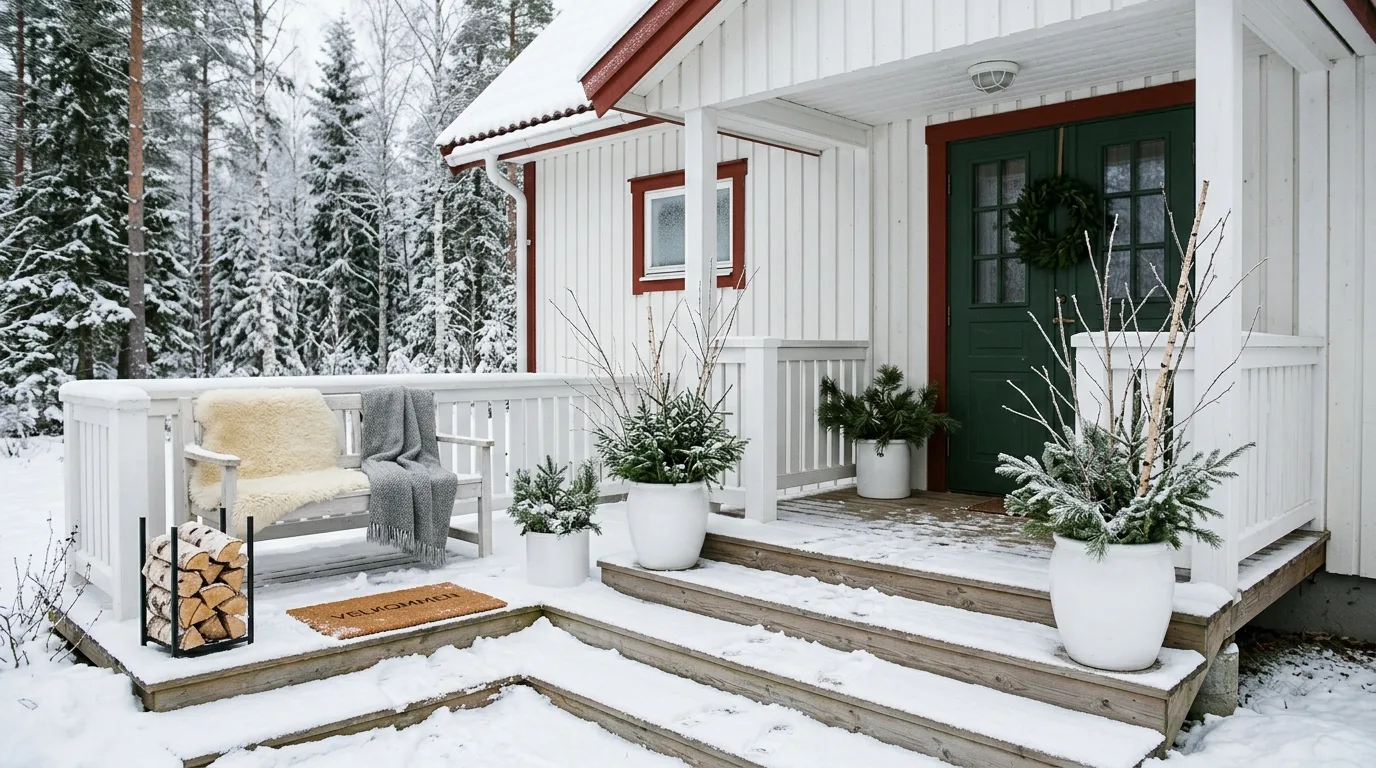 A snow dusted front porch with textured winter planters, no people