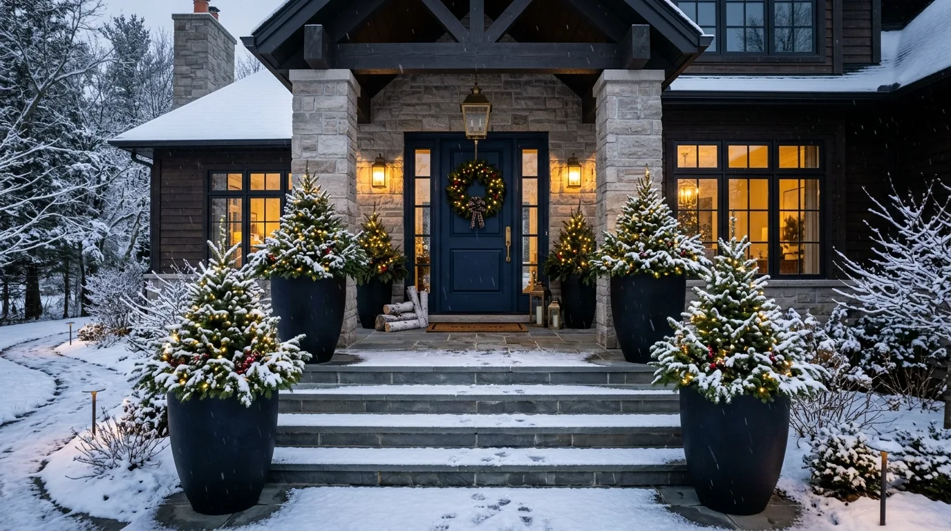 A front porch winter nook with bench and planters, no people