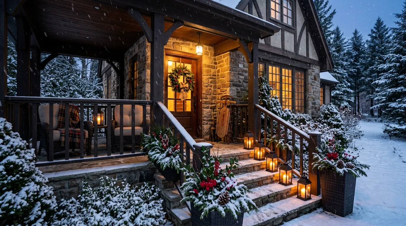 A brick front porch with white branch winter planters, no people