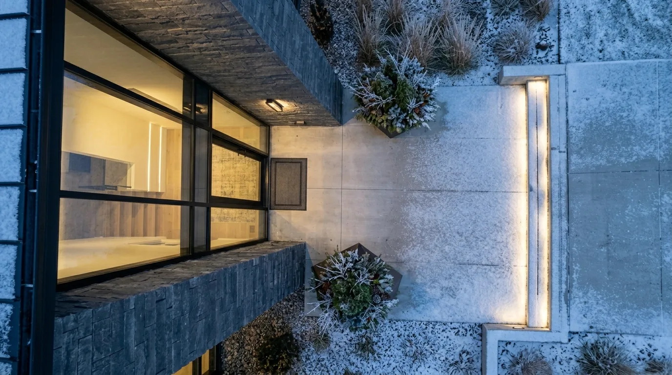 A welcoming winter porch with layered planters and entry styling, no people