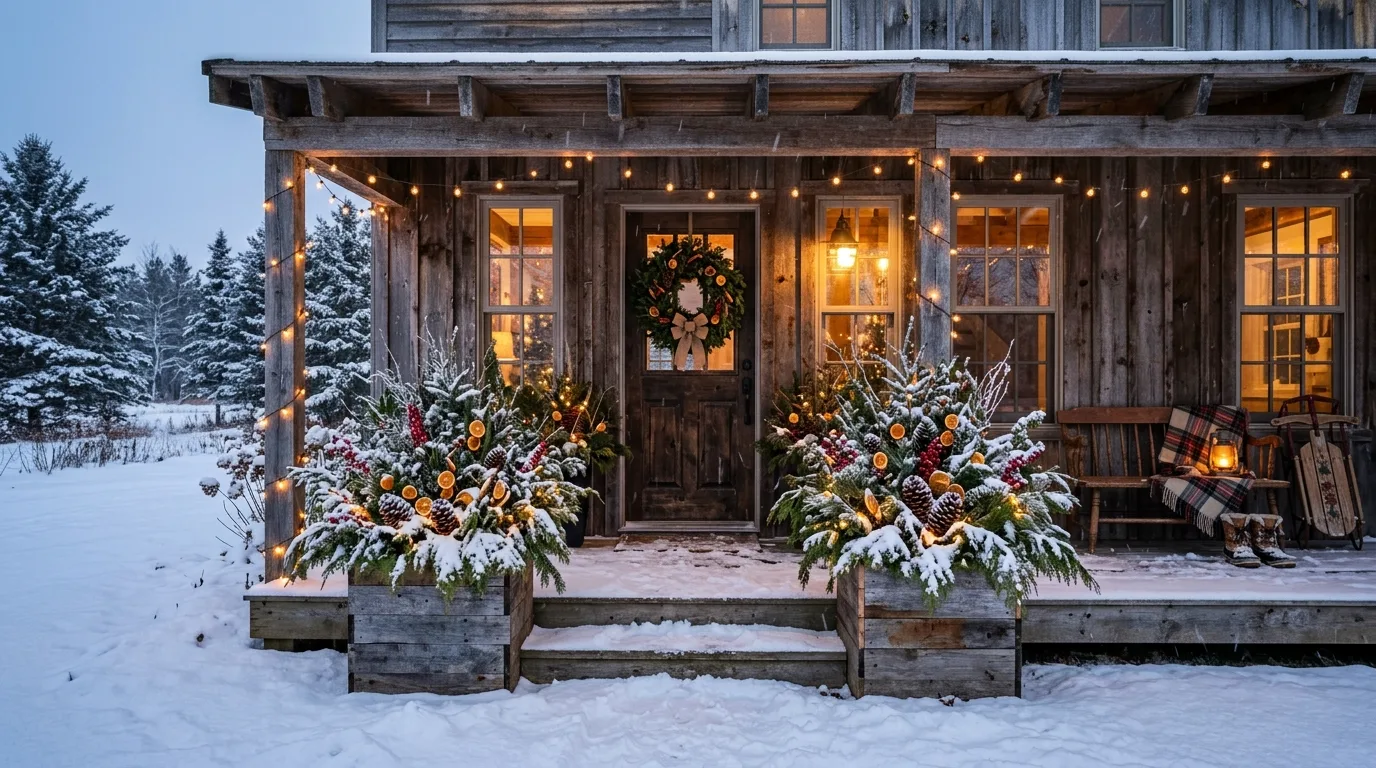 A covered front porch with repeated winter evergreen planters, no people