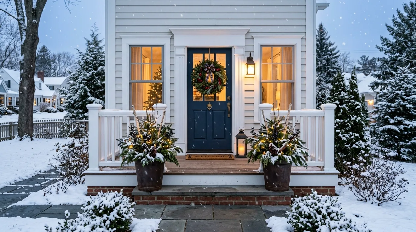 A front step winter planter display full of cold weather charm, no people