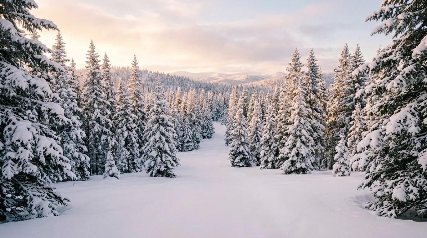 A serene winter landscape with strong evergreen structure, no people