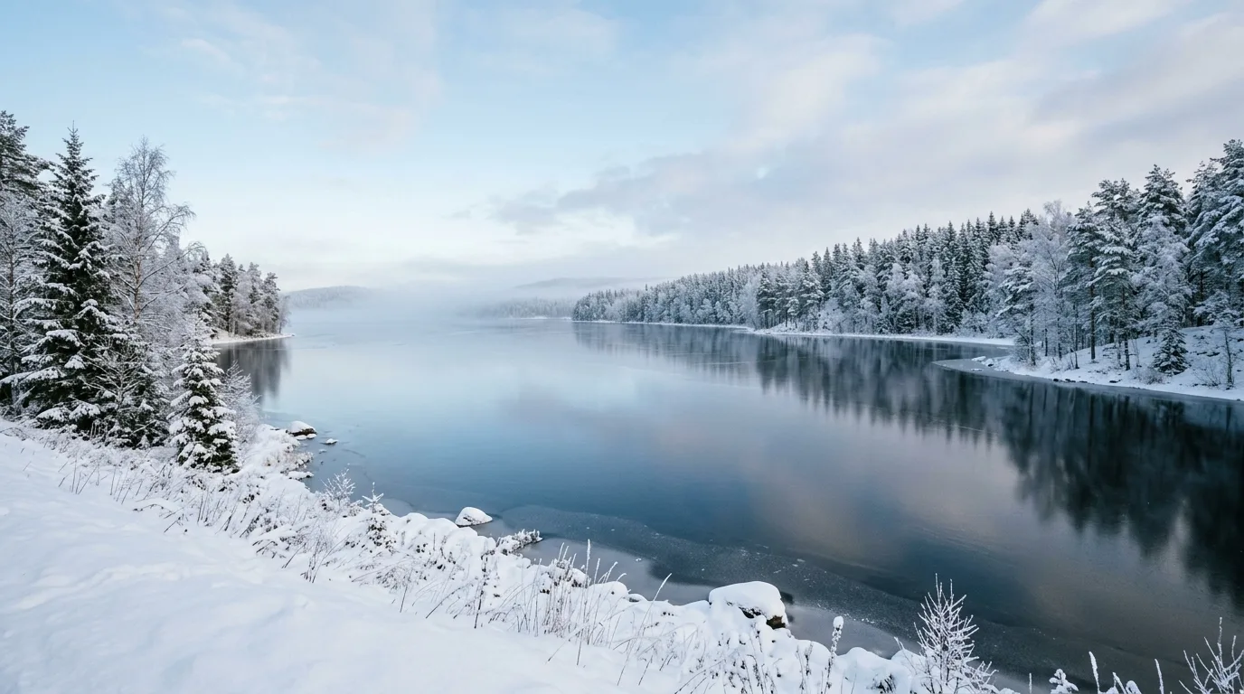 A serene winter landscape with frozen pond and grasses, no people