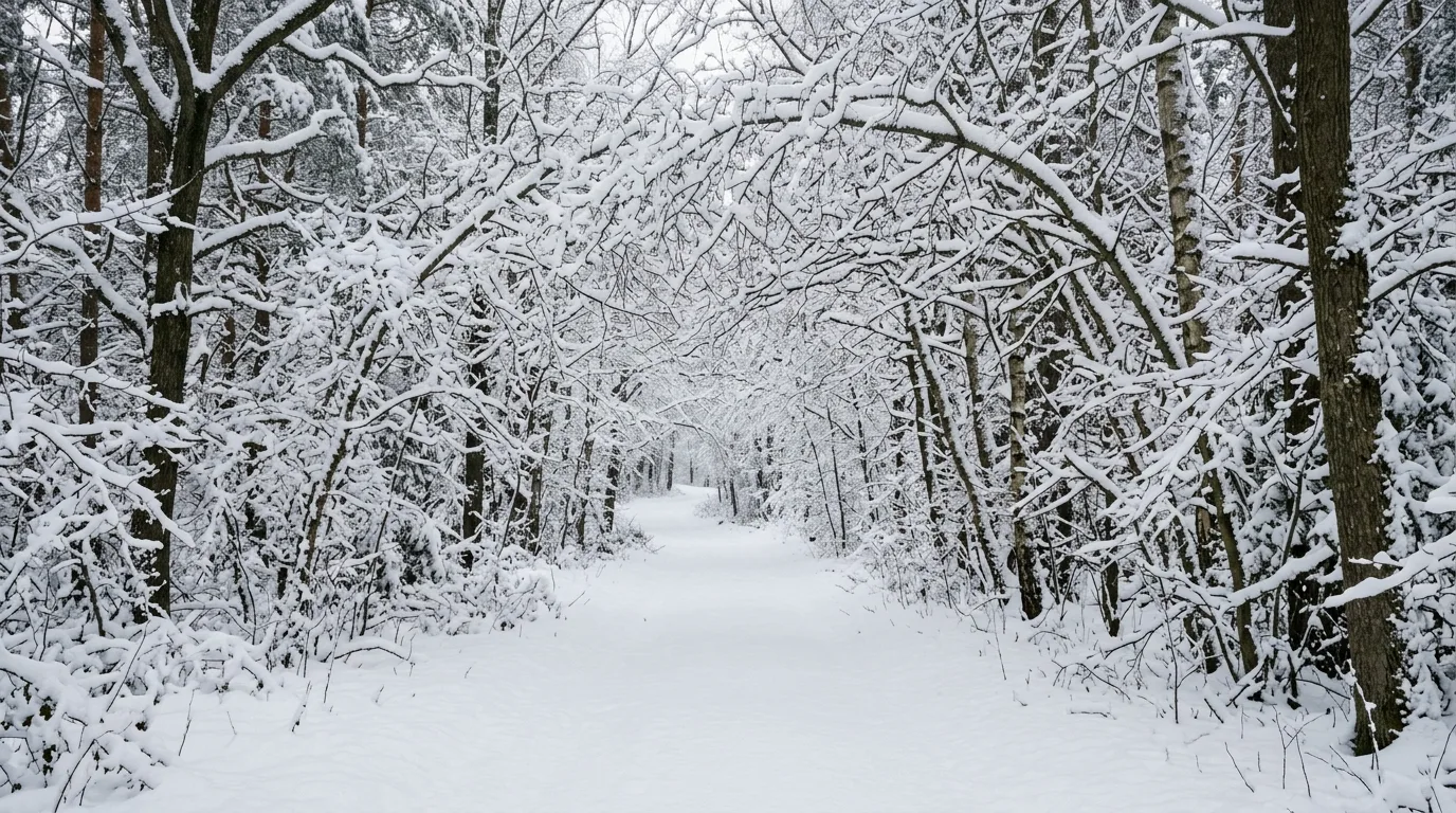 A front yard winter landscape with layered depth, no people