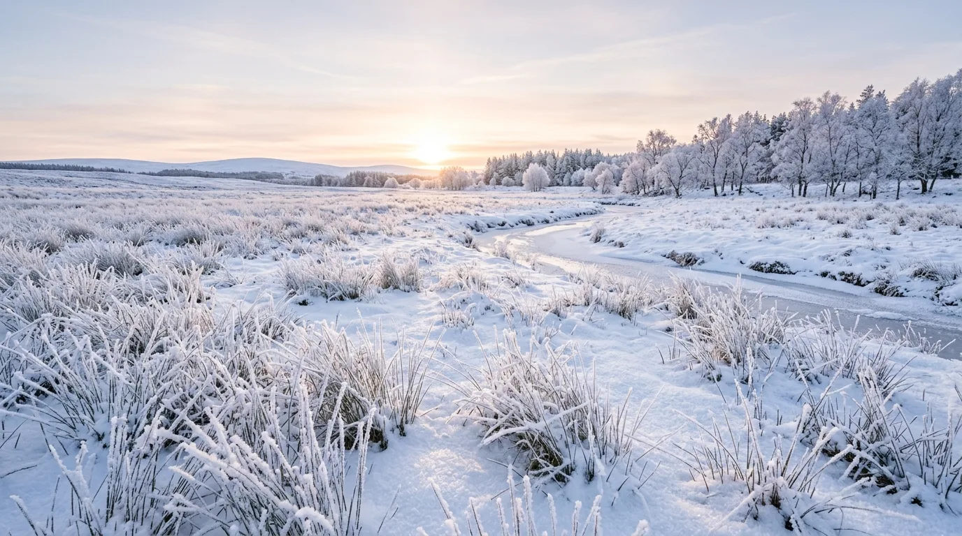 A serene structured winter landscape with year round beauty, no people