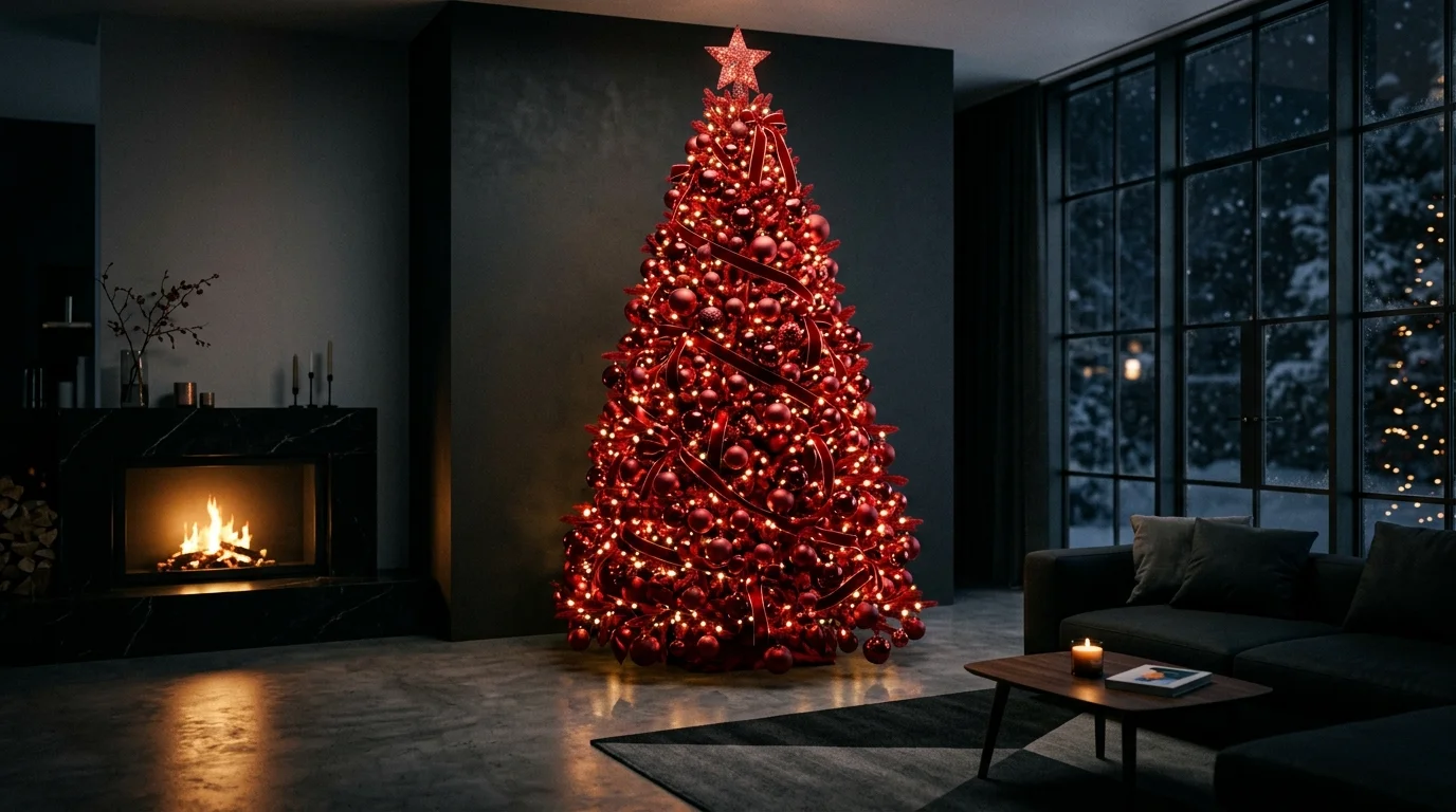 A bold red Christmas tree decorated in a monochrome palette with rich red ornaments and dramatic festive styling, no people