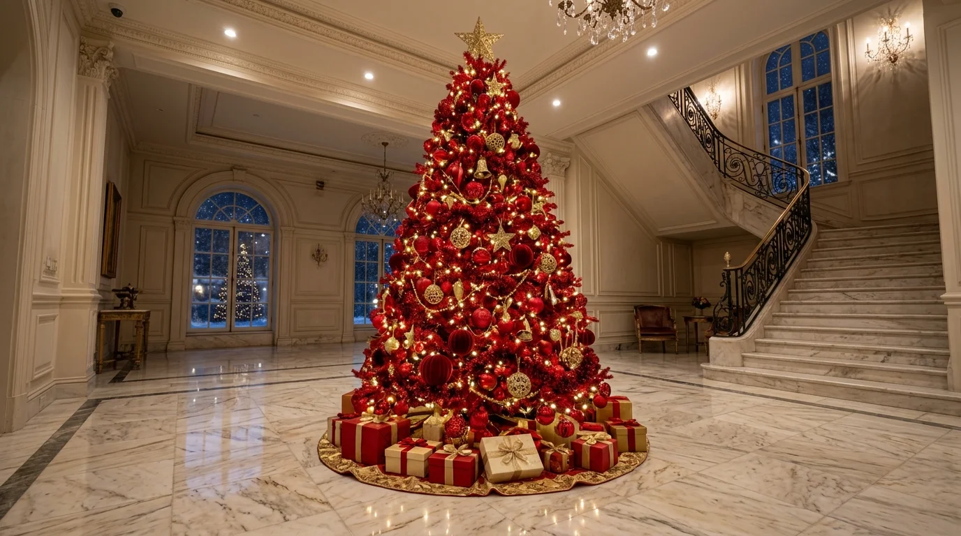 A striking red Christmas tree with glossy ornaments, strong color saturation, and modern holiday styling, no people