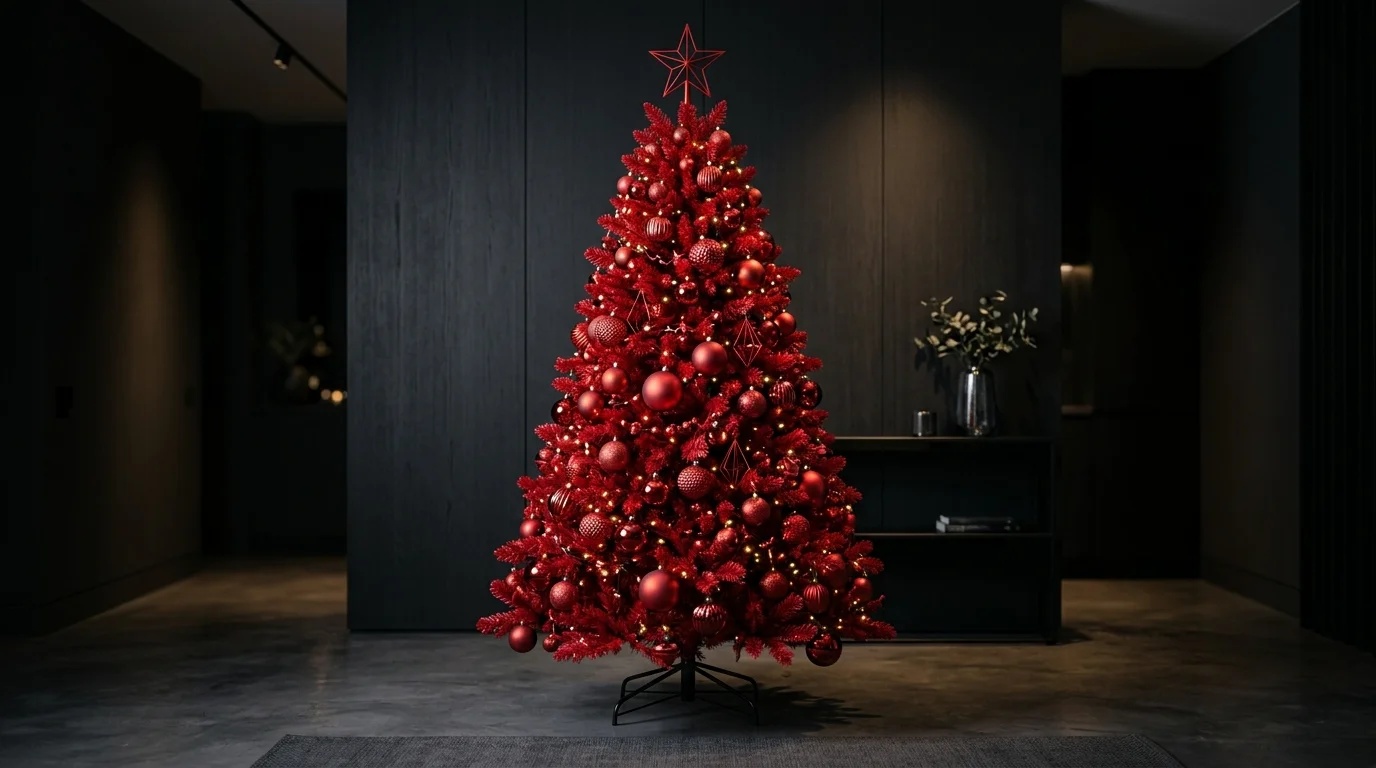 A red Christmas tree layered with ruby and crimson ornaments for a deep bold holiday look, no people
