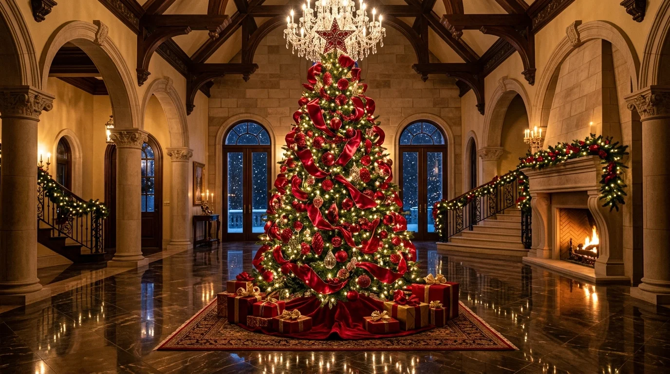 A minimal bold red Christmas tree with clean lines, controlled ornament styling, and modern festive impact, no people
