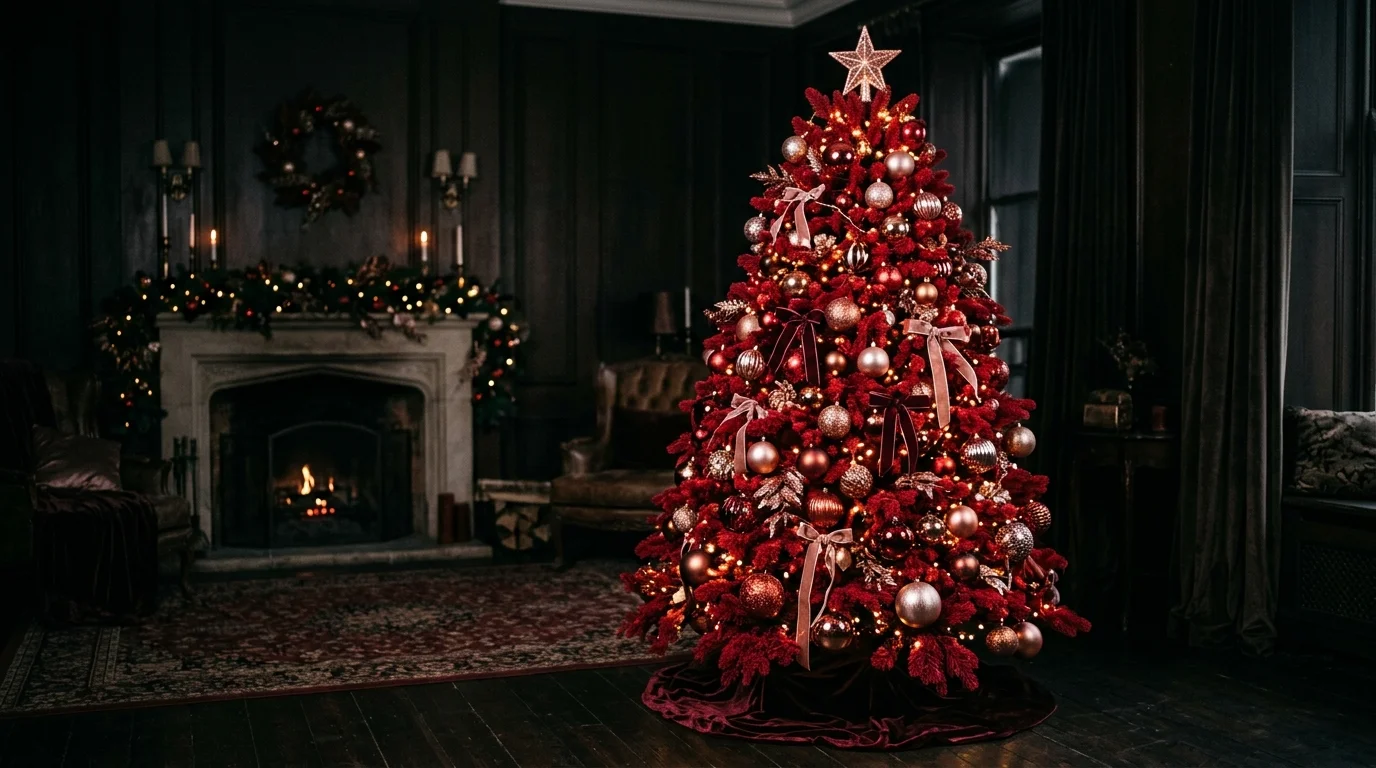 A bold red Christmas tree wrapped in velvet ribbon with rich monochrome holiday styling, no people